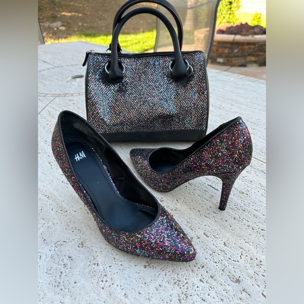 BLACK GLITTER HEELS PUMPS Black Multicolored Sparkly Glitter - Picture 7 of 12